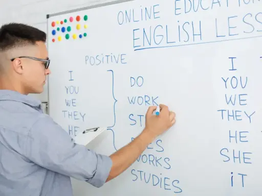 Chłopak pisze na tablicy "English Lesson". To materiał na blog język angielski o gramatyce.