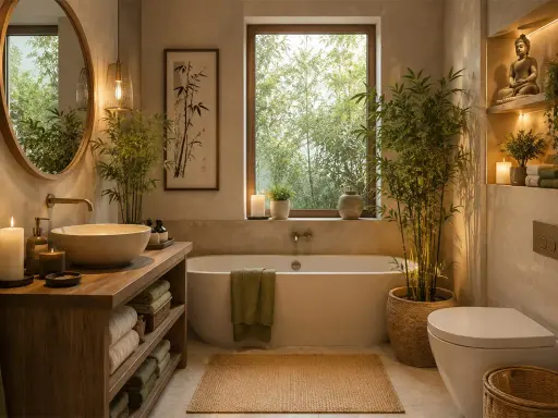 Un rilassante bagno verde e beige con vasca, lavabo, piante di bambù e una statua di Buddha.