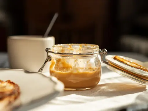 Glas mit cremiger Erdnussbutter, die gesund und lecker ist. Daneben ein Stück Toast.