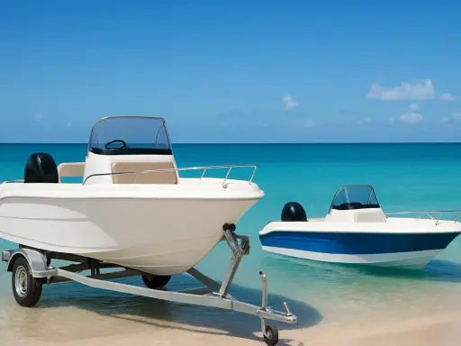 Deux bateaux blancs sur une plage de sable fin, l'un sur une remorque. Idéal pour un compromis vente bateau sous le soleil.