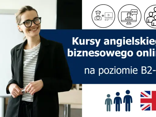 Uśmiechnięta kobieta w okularach zaprasza na kursy **business english online**. Rozwijaj karierę z nami!
