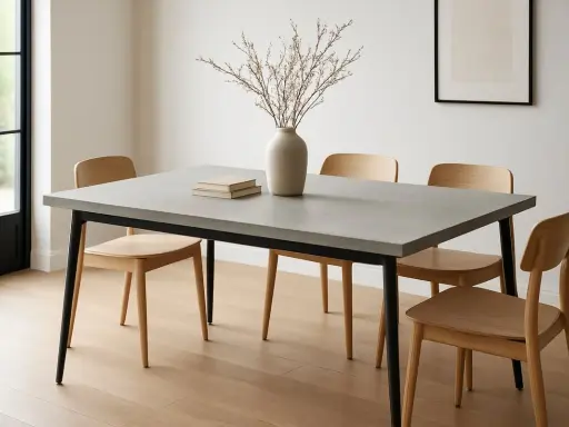Un elegante tavolo minimal design con piano in cemento e sedie in legno chiaro. Un vaso con rami secchi e due libri completano l'arredo.