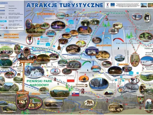 Mapa atrakcji turystycznych Szczawnicy i okolic. Znajdziesz tu szlaki piesze, rowerowe, narciarskie, punkty widokowe, schroniska i zabytki.