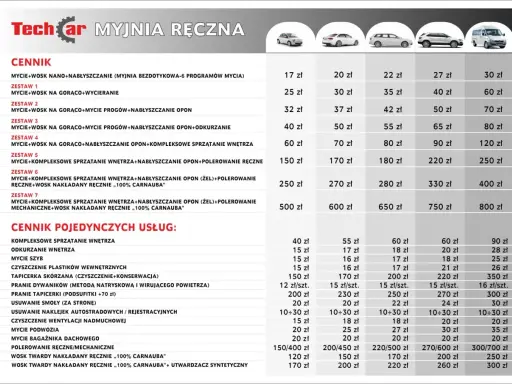Cennik usług myjni ręcznej Techcar. Sprawdź ceny woskowania i kompleksowego sprzątania aut.