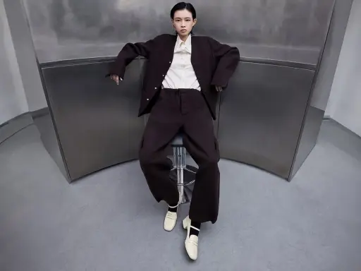 A woman in a dark suit and cream blouse wears cream loafers, showcasing what shoes are considered business casual for a woman.