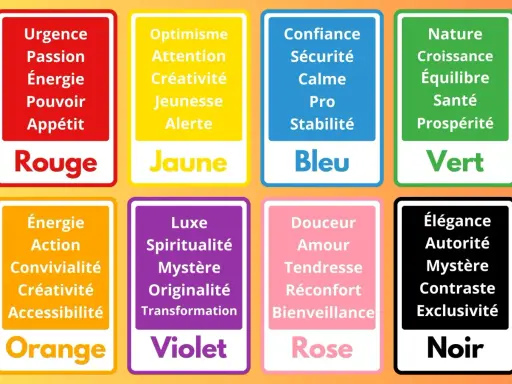 Tableau des couleurs et de leurs significations, évoquant la richesse de la couleur mois de novembre. Rouge, jaune, bleu, vert, orange, violet, rose, noir.