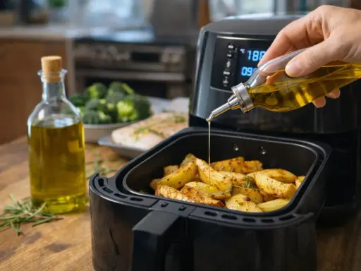 A mano vierte aceite de oliva virgen extra para cocinar sobre patatas en una freidora de aire.