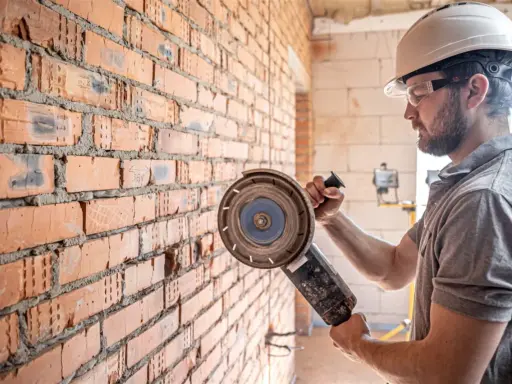 Obrero con casco y gafas protectoras listo para cortar pared con radial.