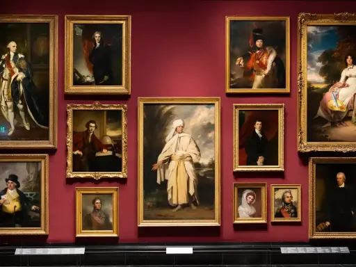 A gallery wall displays several portraits, including a striking portrait of Omai in traditional attire, surrounded by other historical figures.