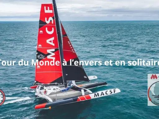 Trimaran MACSF en pleine mer, prêt pour un tour du monde à l'envers et en solitaire. SVR Lazartigue, un défi audacieux.