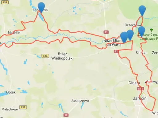 Trasa rowerowa Poznań-Jarocin, wiodąca przez Śrem, Mechlin, Nowe Miasto nad Wartą, Orzechowo i Jarocin.