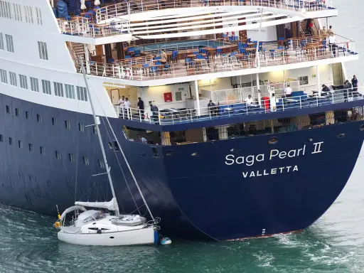 La nave da crociera "Saga Pearl II" è imponente accanto a una piccola barca a vela, mostrando la differenza tra nave e traghetto.