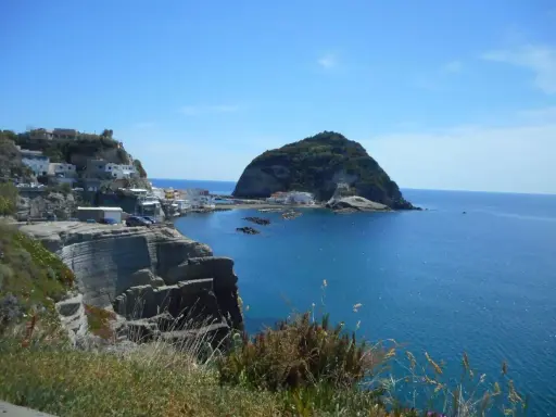 Scogliere a picco sul mare blu, case bianche aggrappate alla costa e un isolotto verde. Un paesaggio che ispira frasi su Ischia.