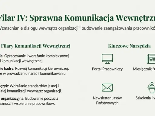 Plan komunikacji wewnętrznej przykład: filary (strategia, wsparcie kadry, prosty język, kultura) i narzędzia (portal, miesięcznik, newsletter, szkolenia).