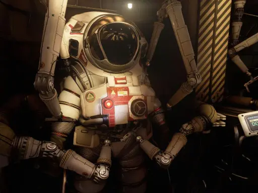 Soma gra w skafandrze kosmicznym z mechanicznymi ramionami, gotowa do dokowania.