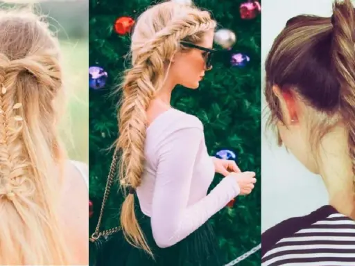 Tres peinados con trenza de espiga: uno recogido con adornos, otro lateral largo y uno recogido en coleta alta.