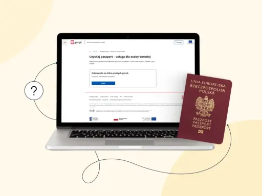 Wniosek o paszport online na gov.pl. Obok laptopa leży paszport.