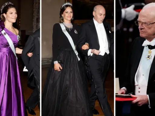 Prinsessan Sofia i svart klänning och tiara, vid sidan av en man i frack. Till vänster prinsessan Victoria i lila klänning. Till höger en man med medaljer. Nobel.
