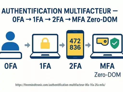 Illustration de l'évolution de l'authentification : OFA, 1FA (verrou), 2FA (téléphone avec code), MFA Zero-DOM (ordinateur avec badge de sécurité). La mfa sécurité renforce la protection.