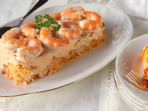 Pastel de pescado para Navidad, cubierto con una cremosa salsa rosada y adornado con gambas. Un entrante festivo y delicioso.