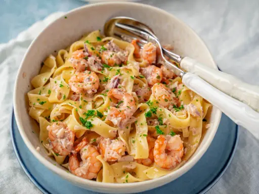 Breite Bandnudeln mit saftigen Garnelen in cremiger Sauce, garniert mit frischer Petersilie. Ein köstliches Gericht mit Spaghetti und Garnelen.