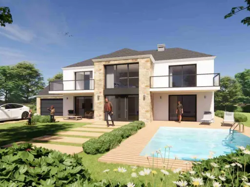 Une maison individuelle moderne avec piscine, conçue par un architecte, avec une voiture électrique et des enfants jouant.