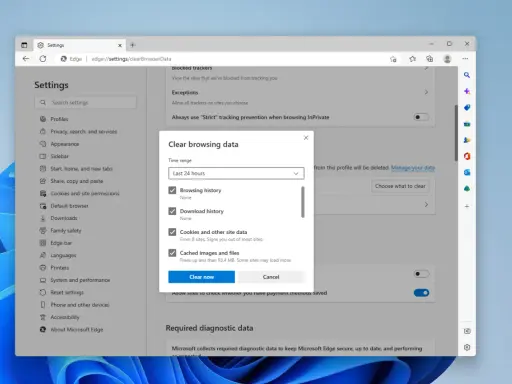Fönstret "Rensa webbhistorik" i Microsoft Edge visar alternativ för att rensa historik, cookies och cache.