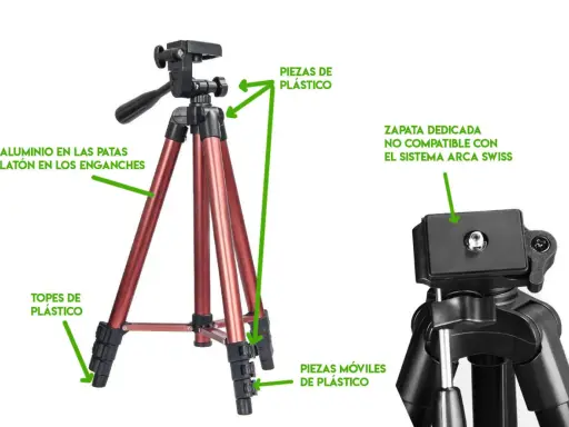 Detalle de las partes de un trípode: aluminio en patas, latón en enganches, topes y piezas móviles de plástico. Zapata dedicada no compatible con Arca Swiss.