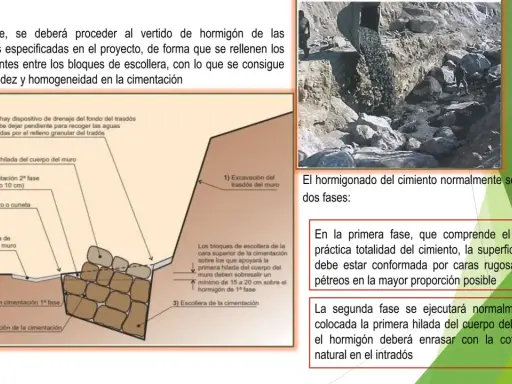 Diagrama de cimentación con bloques de escollera y hormigón. El hormigonado se realiza en dos fases para asegurar la rigidez.