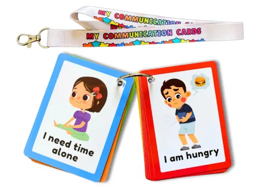 Carte per comunicare bisogni, utili per un bambino autistico non verbale. Mostrano "I need time alone" e "I am hungry".