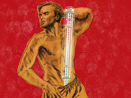 Mężczyzna z zamkniętymi oczami, na tle fajerwerków, z termometrem emocji od "ciszy" do "orgazmu".