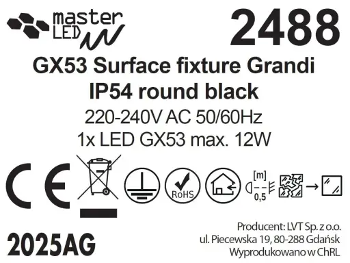 Oprawa GX53 Grandi, IP54, okrągła, czarna. Zasilanie 220-240V AC, 1x LED GX53 max. 12W. Certyfikaty CE, RoHS.