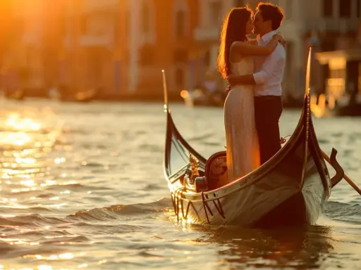 Un couple s'embrasse tendrement dans une gondole, baigné par la lumière dorée du coucher de soleil. Venise, ville des amoureux, offre un cadre idyllique pour cet instant magique.