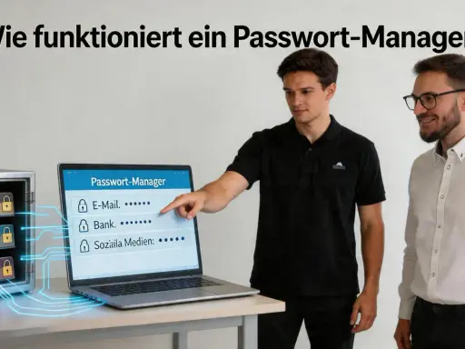 Ein Mann erklärt, wie funktioniert ein Passwort-Manager. Ein Tresor mit Passwort-Karten und ein Laptop zeigen die sichere Speicherung von Zugangsdaten.