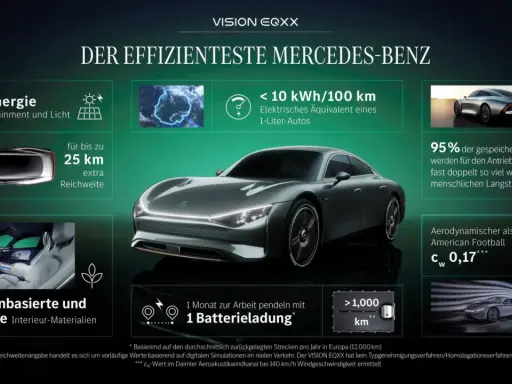Der Mercedes EQXX, ein Meisterwerk der Effizienz, zeigt seine futuristische Silhouette. Solarenergie und recycelte Materialien unterstreichen seine Nachhaltigkeit.