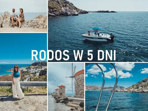 Rodos atrakcje: para na skałach, łódź na morzu, widok na Lindos, wiatraki, kąpiel w morzu.