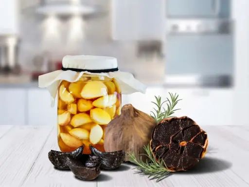 Ein Glas mit fermentiertem Knoblauch in Honig, daneben schwarzer Knoblauch und Rosmarin.