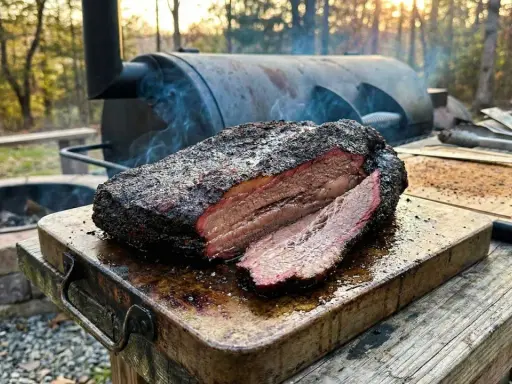 Perfekter Brisket Smoker-Duft liegt in der Luft. Ein saftiges, geräuchertes Brisket ruht auf einem Holzbrett, bereit zum Servieren.
