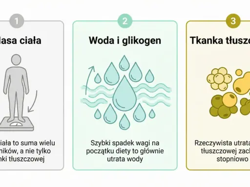 Trzy etapy utraty wagi: masa ciała, woda i glikogen, tkanka tłuszczowa. Pokazuje, ile można schudnąć w miesiąc, uwzględniając utratę wody i tkanki tłuszczowej.