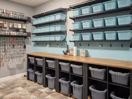 Des étagères bleues et grises organisent l'espace, parfait pour savoir comment stocker des vêtements dans un garage. Des paniers et bacs pour un rangement optimal.