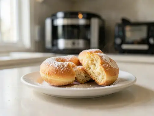 Assiette de pâte à beignets saupoudrée de sucre glace, prête à être dégustée.
