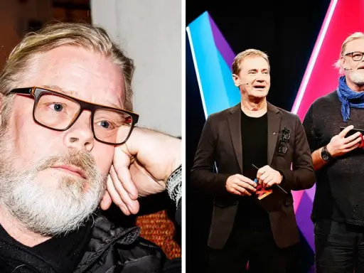 Henric von Zweigbergk, känd för sina uttrycksfulla framträdanden, syns här i två olika sammanhang. Till vänster en närbild med glasögon och skägg, till höger på scen med en kollega.