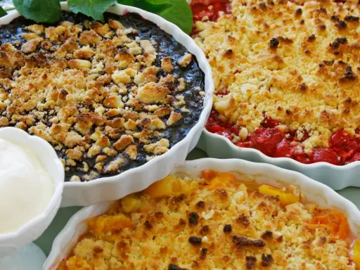 Tre ugnsbakade smulpajer med blåbär, jordgubbar och persika. Perfekt för ett smuldeg recept. Serveras med en klick grädde.