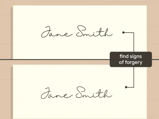 Due firme "Jane Smith" a confronto, con una freccia che indica "trova segni di falsificazione". La grafologia ne svela il significato.