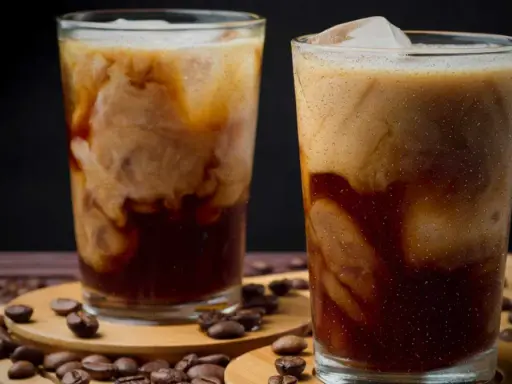 Två glas med iskaffe, perfekt för ett iskaffe recept. Krämig mjölk virvlar i mörkt kaffe med isbitar. Kaffebönor sprider sig runt glasen.