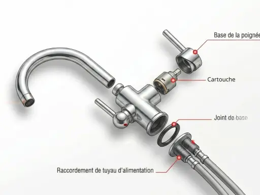 Schéma d'un robinet mitigeur démonté : bec, cartouche, joint, raccords d'alimentation.
