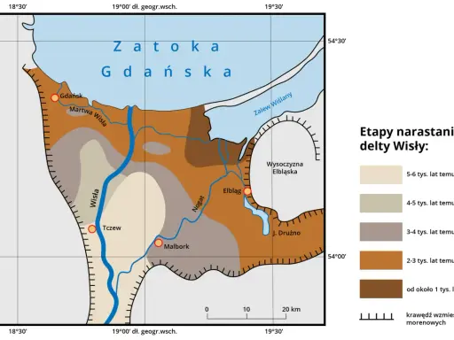 Mapa przedstawia etapy narastania delty Wisły, ukazując rozwój Żuław Wiślanych na przestrzeni tysięcy lat.