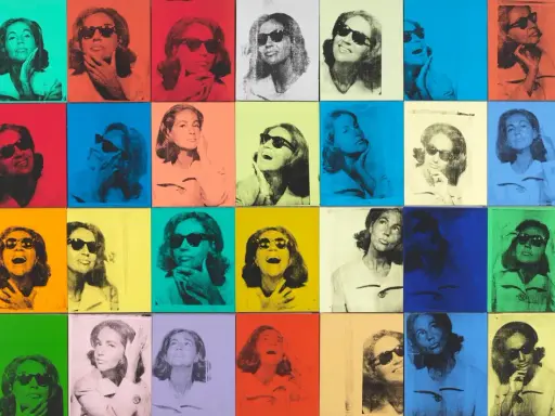 Andy Warhol pop art painting featuring a woman in sunglasses repeated in a grid of vibrant, contrasting colors.