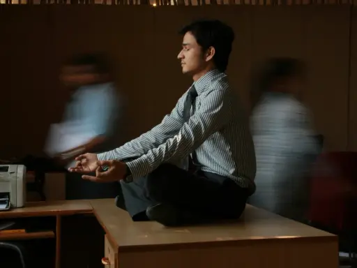 Un joven en posición de loto, con las manos en meditación, busca la calma en medio del ajetreo. Su serenidad contrasta con las figuras borrosas que lo rodean, reflejando la complejidad de la gestión sanitaria.