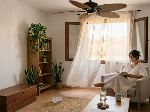 Mujer leyendo en sillón, con ventilador de techo y cortinas movidas por la brisa, una forma natural de como refrescar una habitación.
